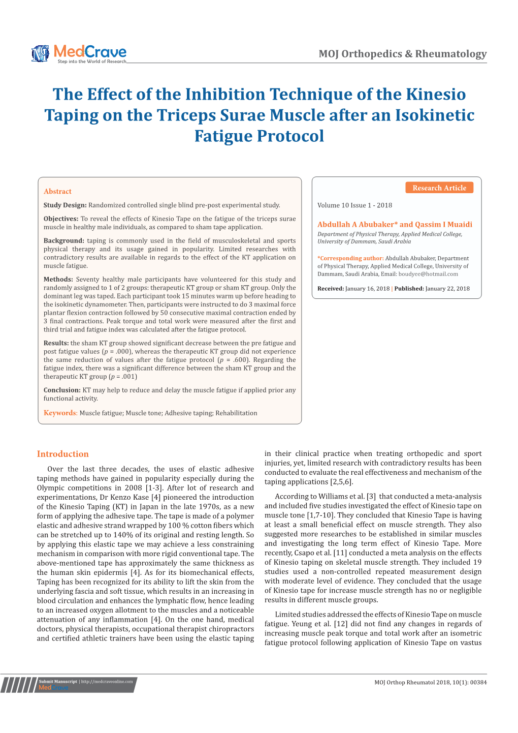The Effect of the Inhibition Technique of the Kinesio Taping on the Triceps Surae Muscle After an Isokinetic Fatigue Protocol