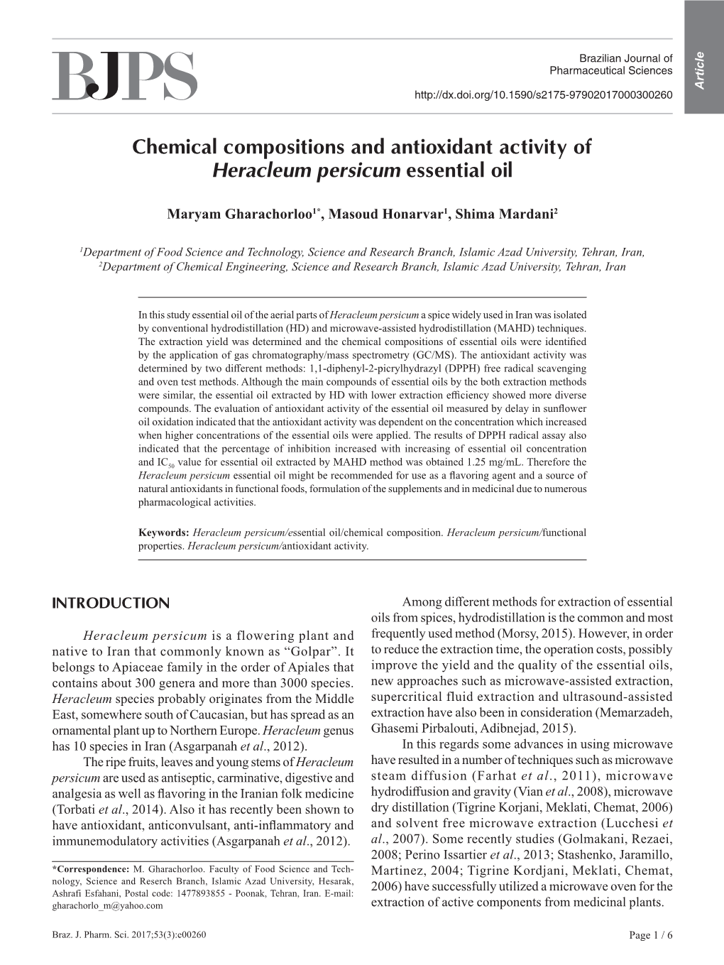 Chemical Compositions and Antioxidant Activity of Heracleum Persicum Essential Oil