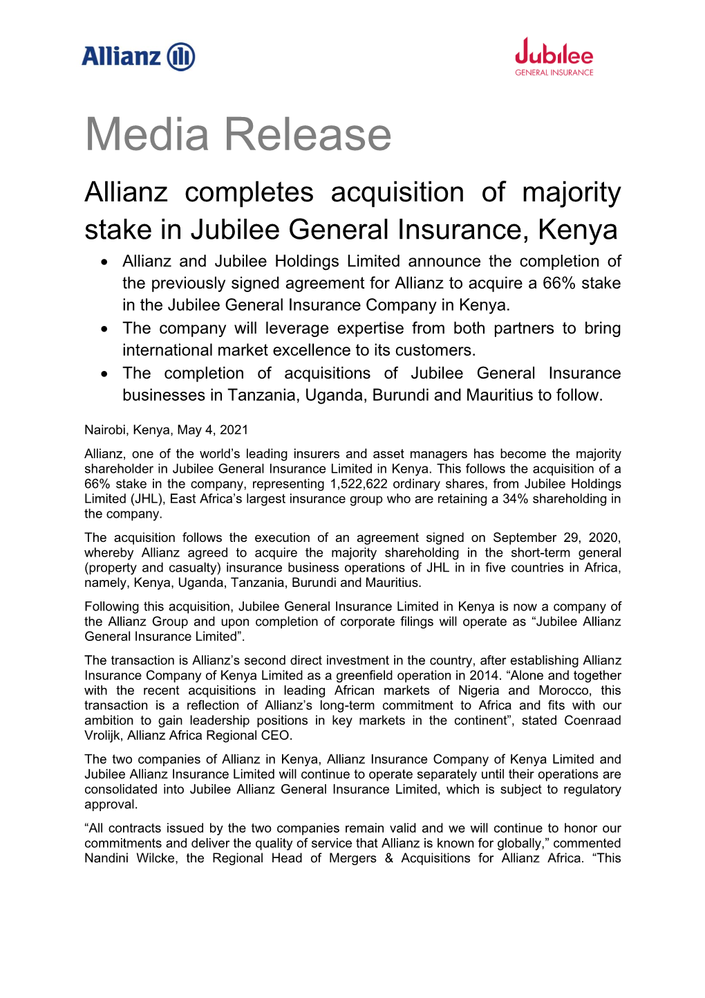 Allianz Completes Acquisition of Majority Stake in Jubilee General