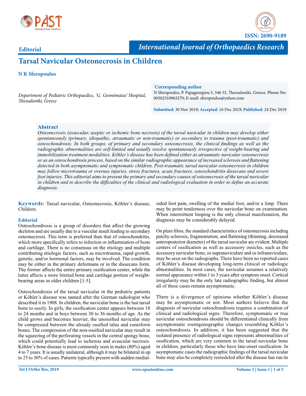 Tarsal Navicular Osteonecrosis in Children