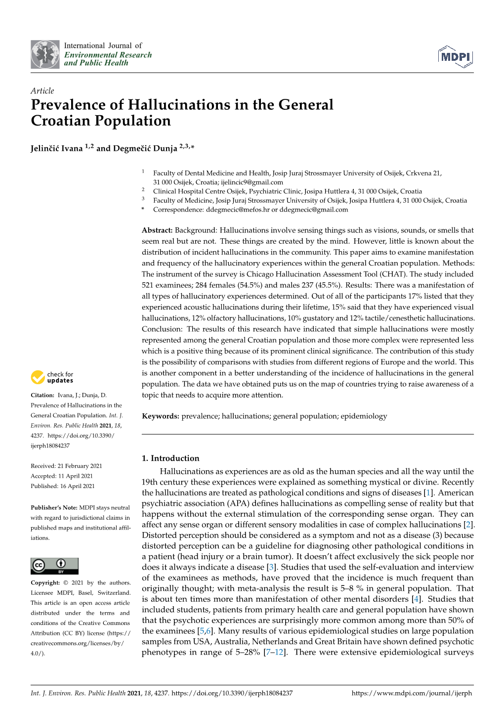 Prevalence of Hallucinations in the General Croatian Population