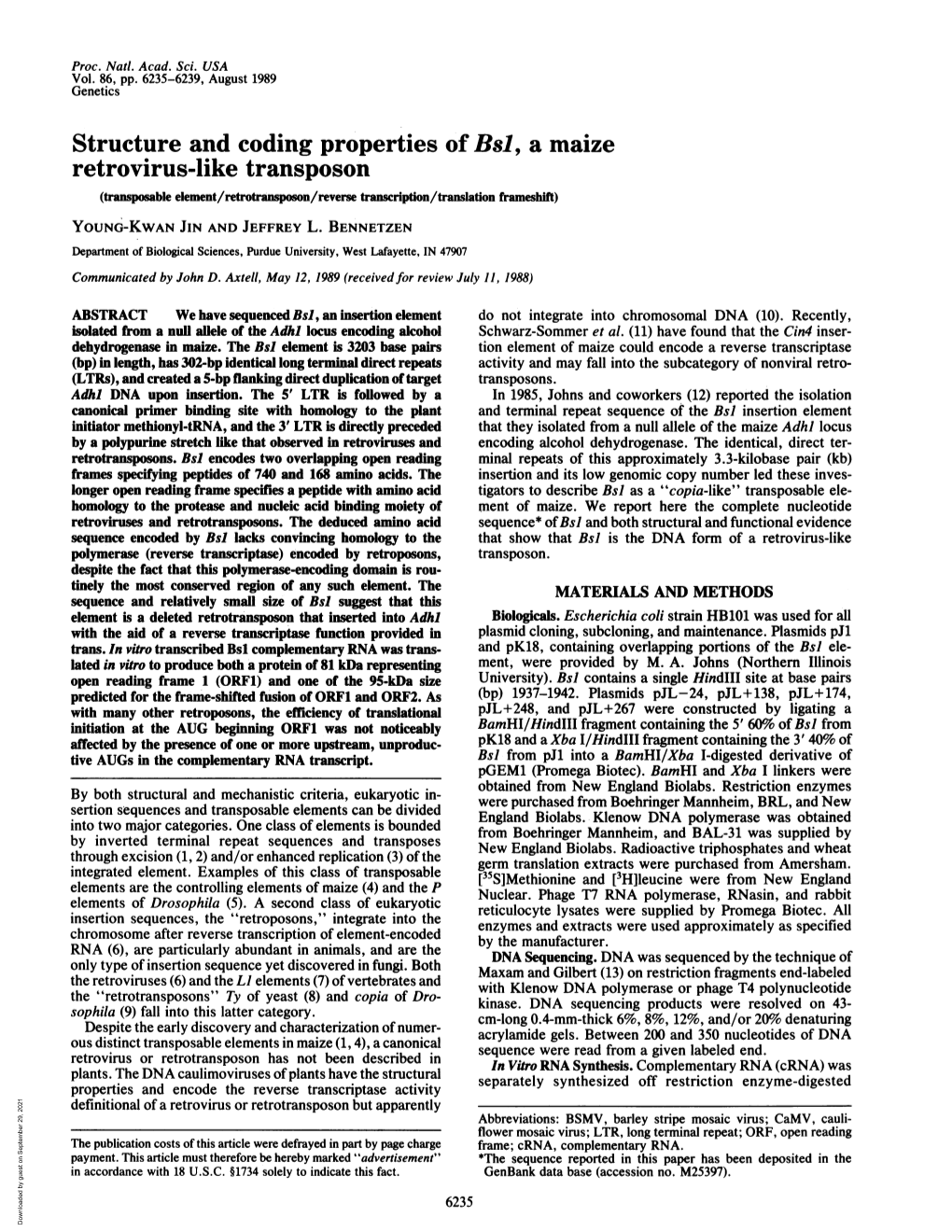 Structure and Coding Properties of Bsl, a Maize Retrovirus-Like Transposon