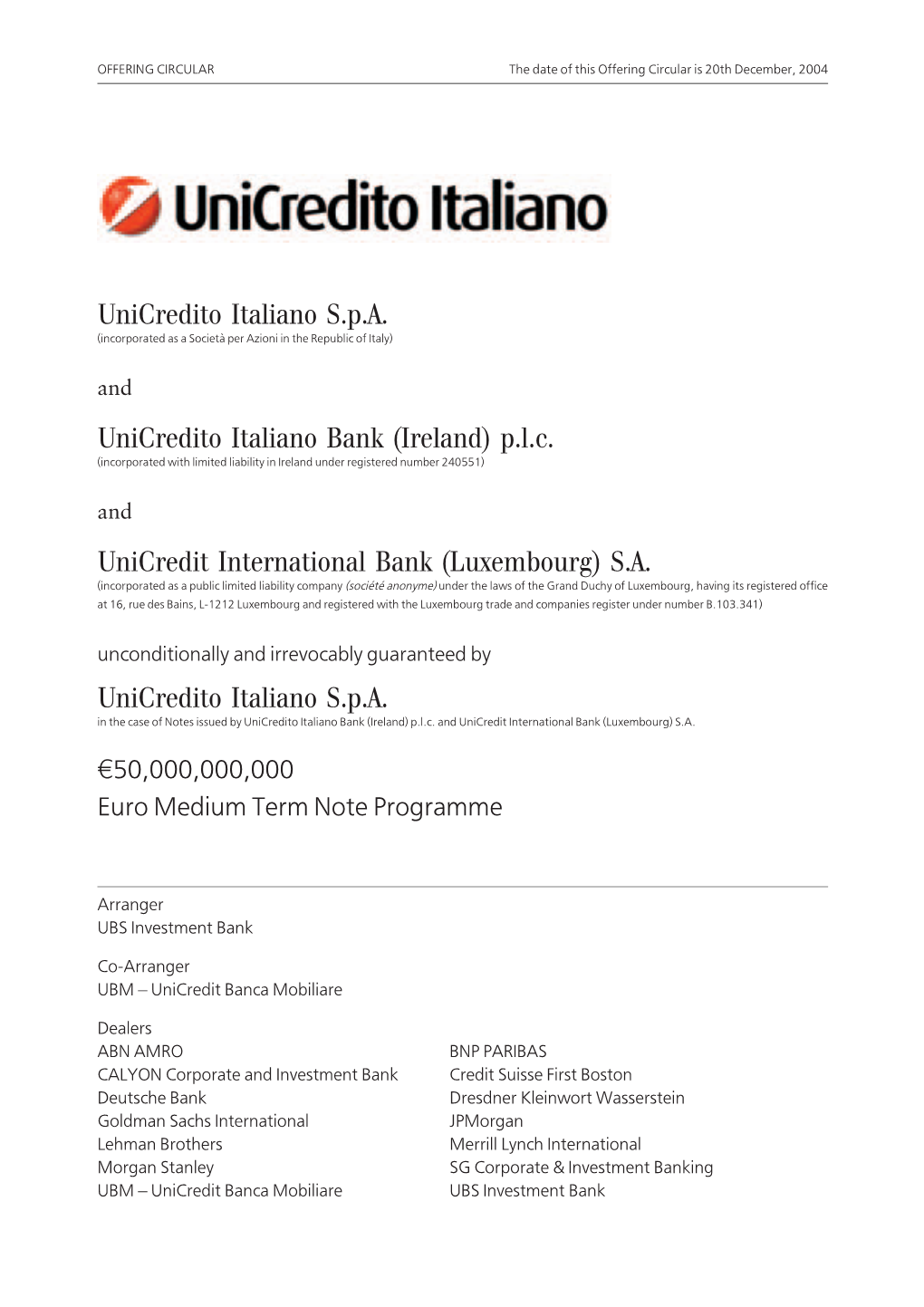 Plc Unicredit International Bank (Luxembourg) SA Unicredito I