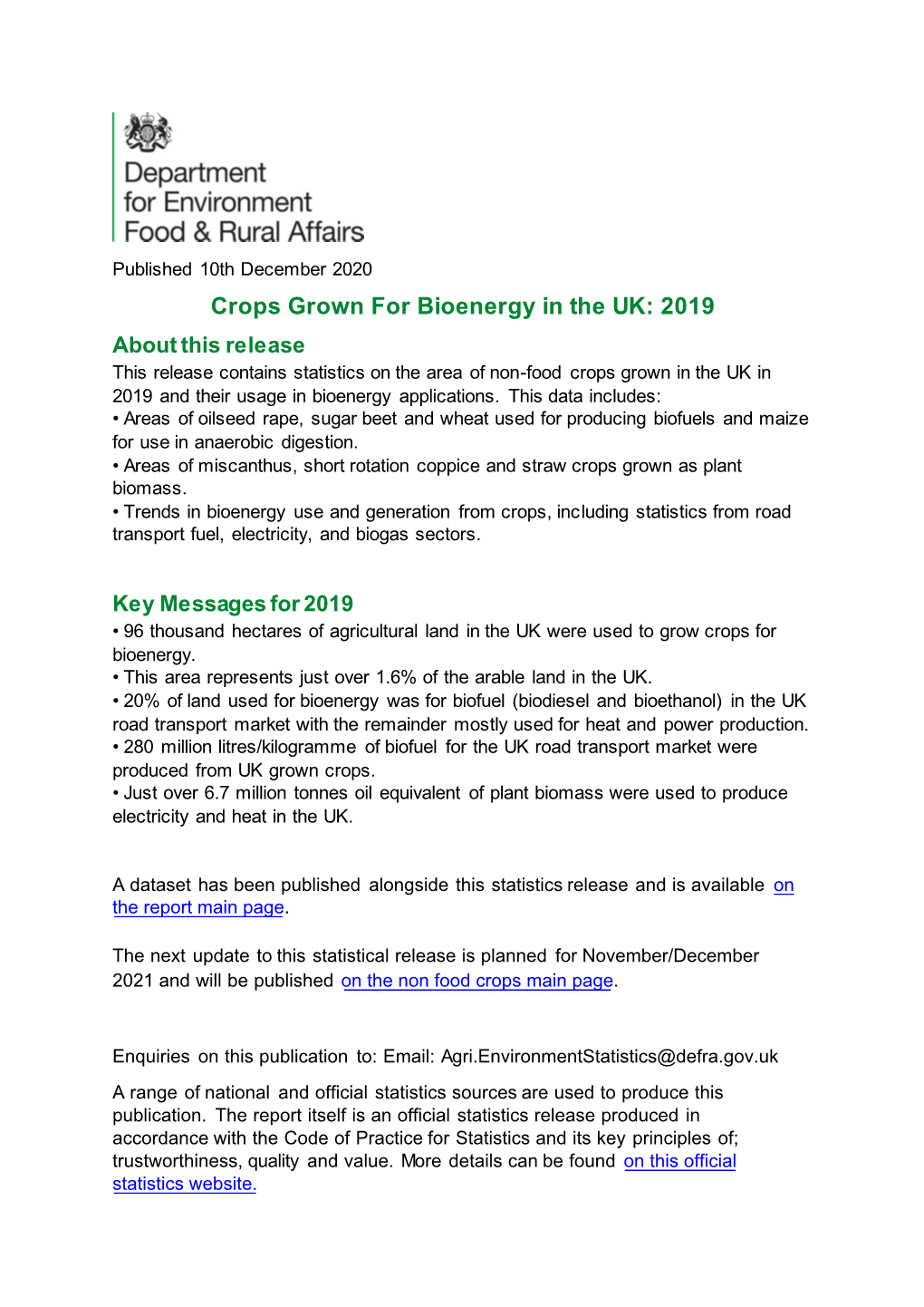 Crops Grown for Bioenergy in the UK 2019