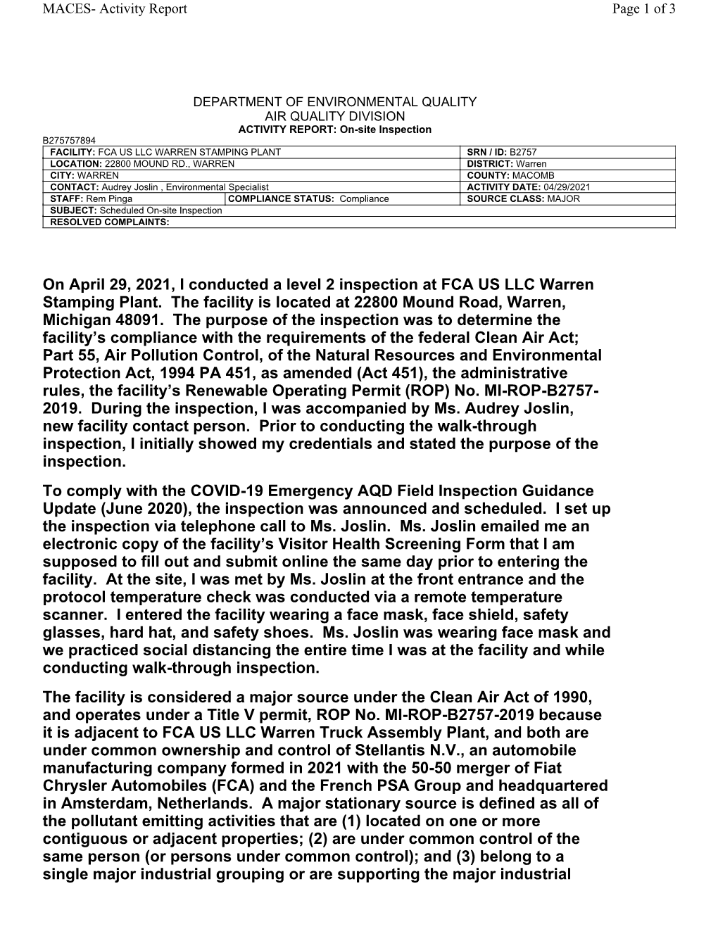 On April 29, 2021, I Conducted a Level 2 Inspection at FCA US LLC Warren Stamping Plant