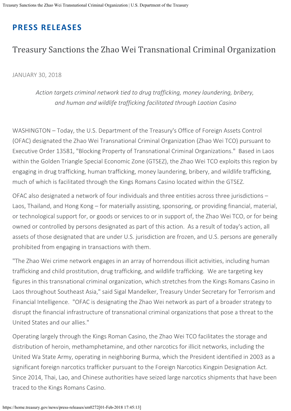 Treasury Sanctions the Zhao Wei Transnational Criminal Organization | U.S