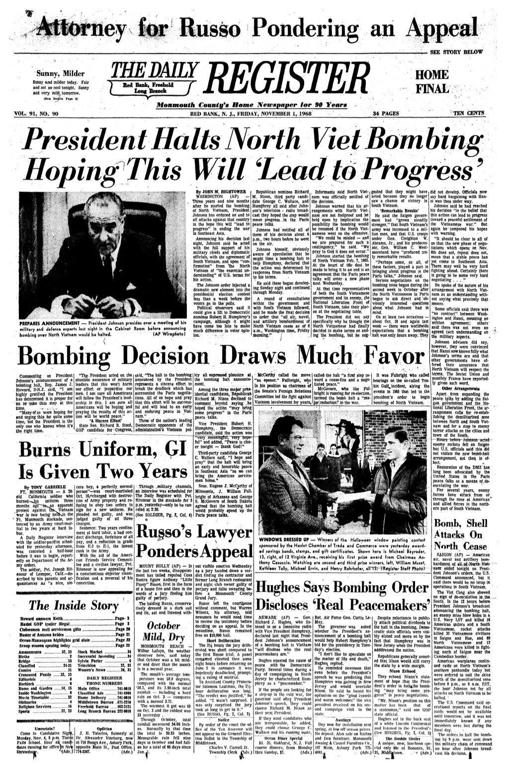 President Halts North Viet Bombing Hoping This by JOHN M