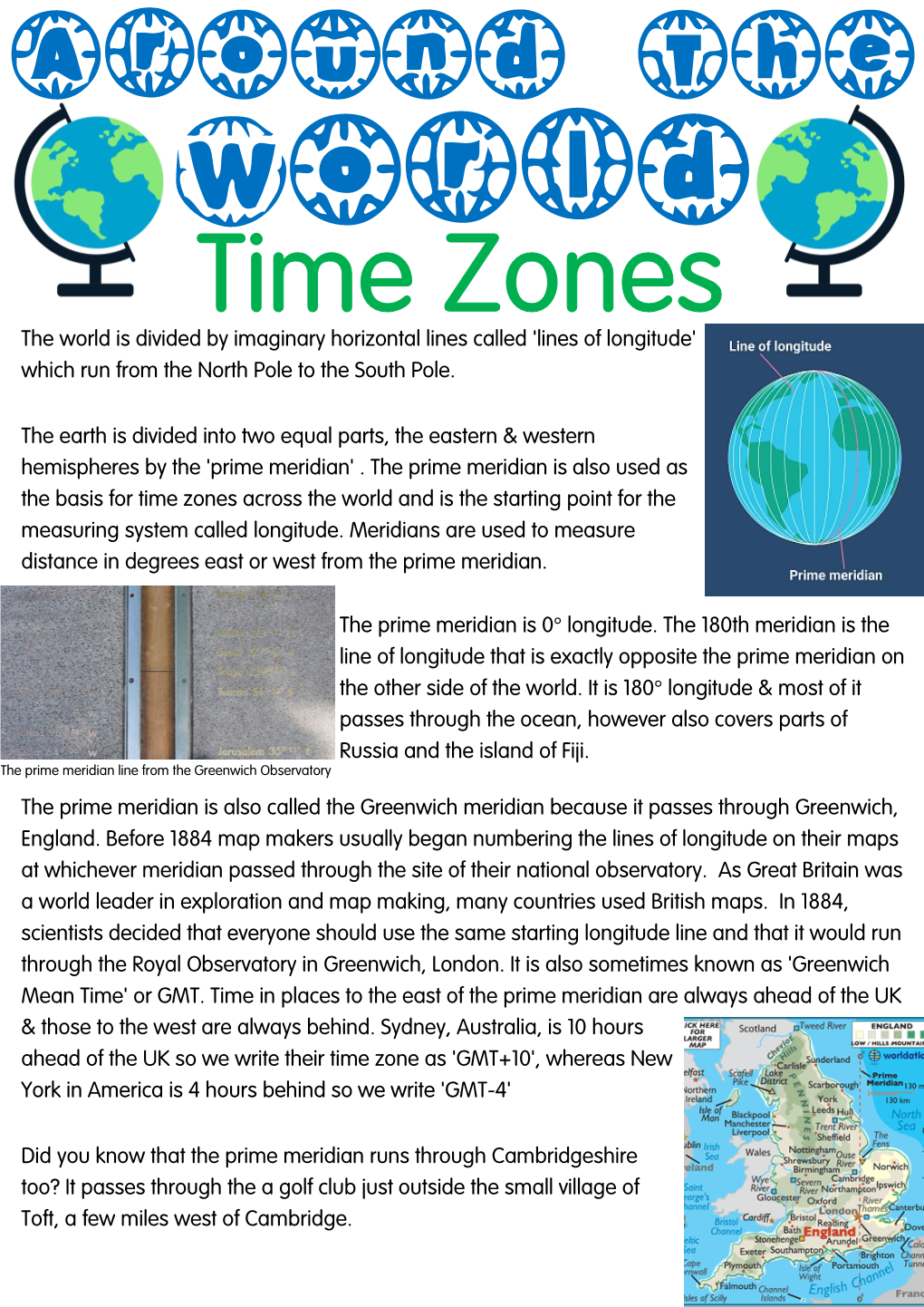 Around the World Time Zones the World Is Divided by Imaginary Horizontal Lines Called 'Lines of Longitude' Which Run from the North Pole to the South Pole