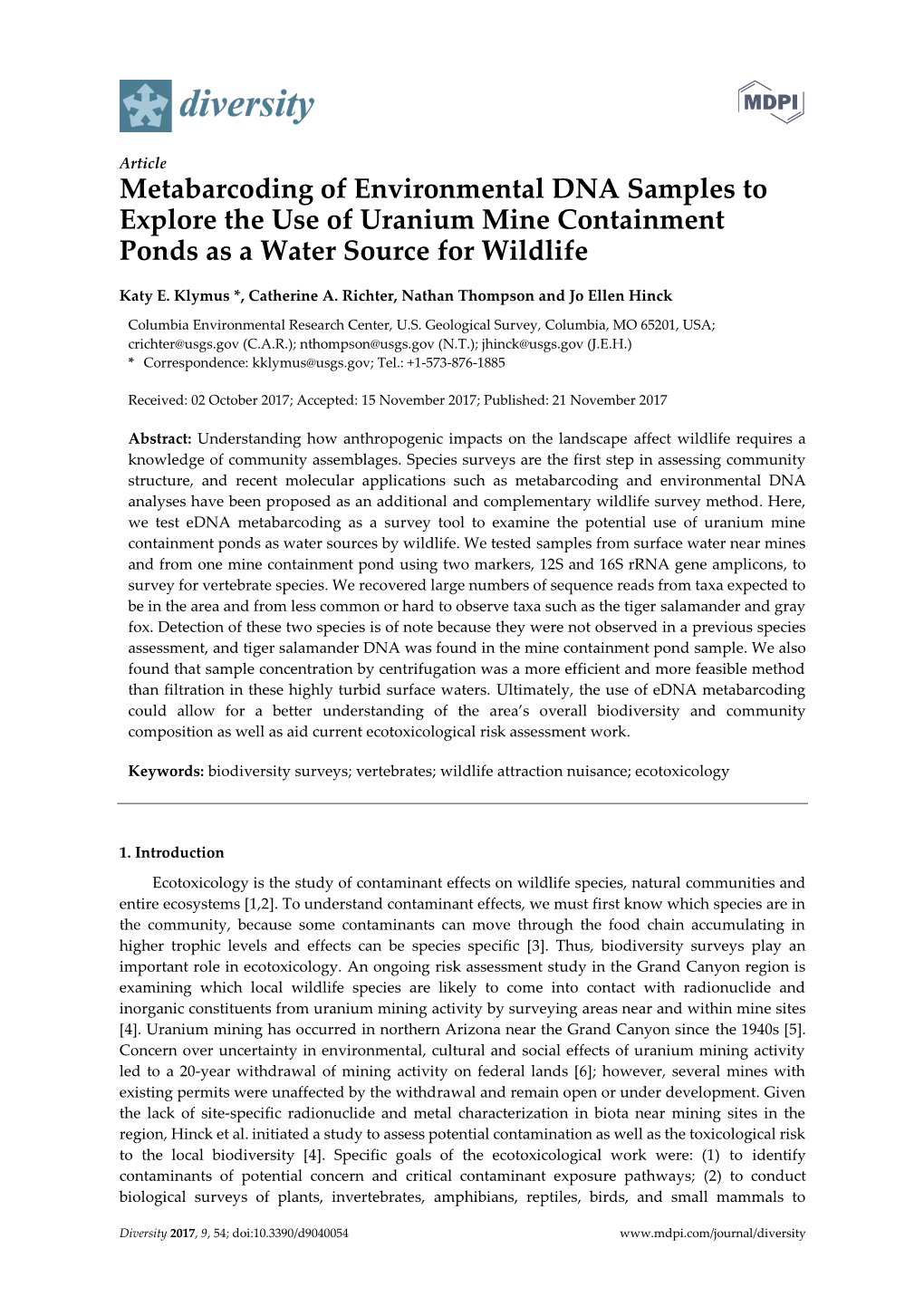 Metabarcoding of Environmental DNA Samples to Explore the Use of Uranium Mine Containment Ponds As a Water Source for Wildlife