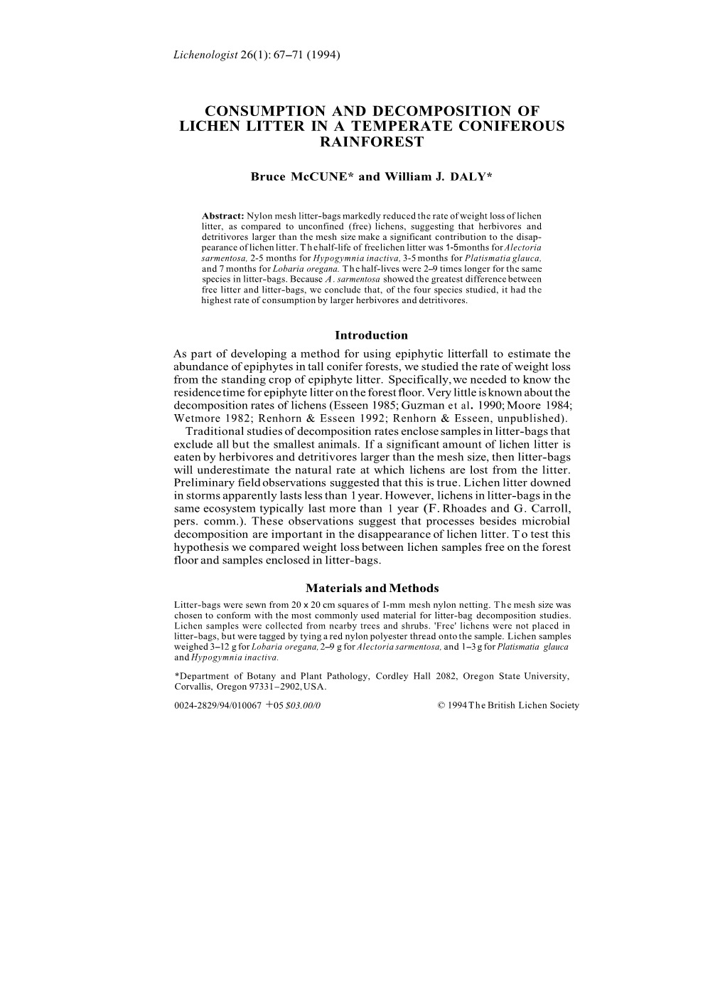 Consumption and Decomposition of Lichen Litter in a Temperate Coniferous Rainforest