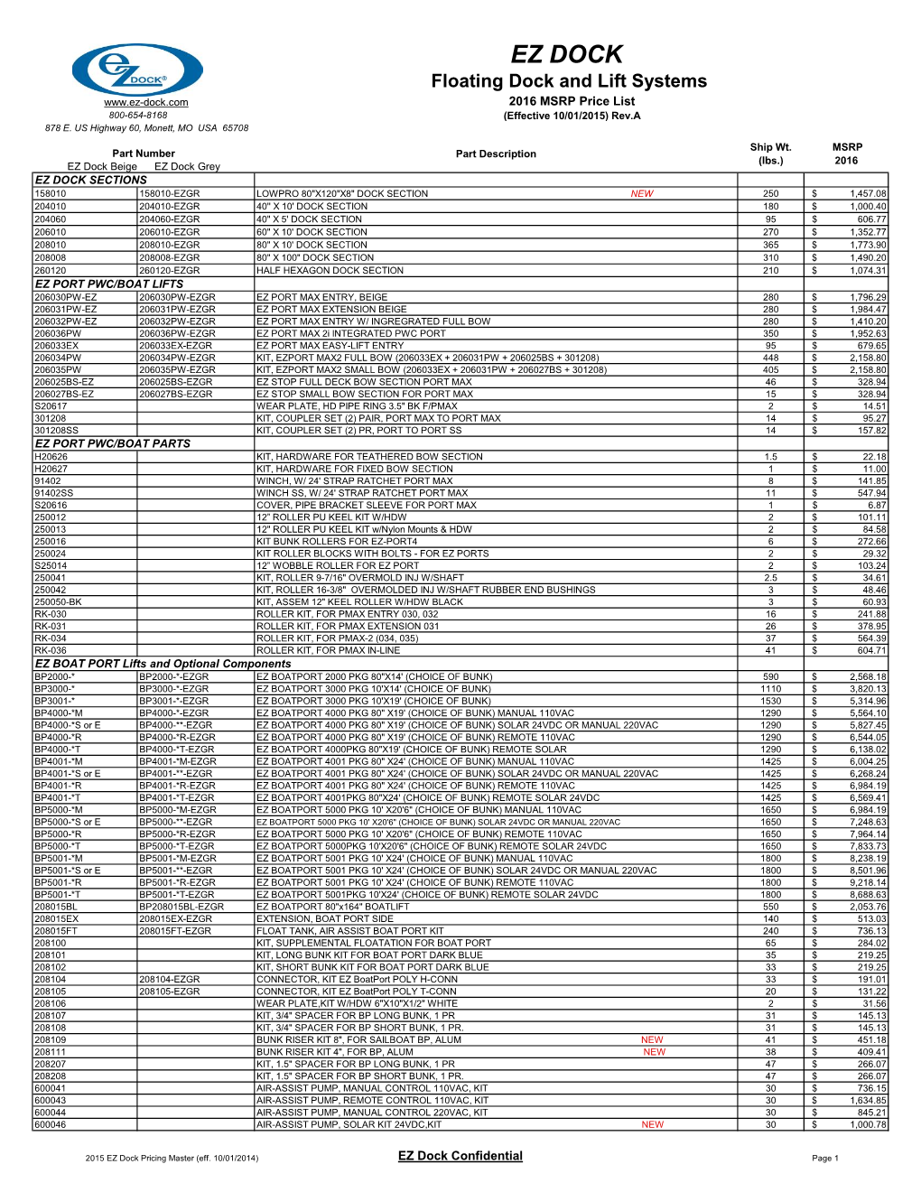 EZ DOCK Floating Dock and Lift Systems 2016 MSRP Price List 800-654-8168 (Effective 10/01/2015) Rev.A 878 E