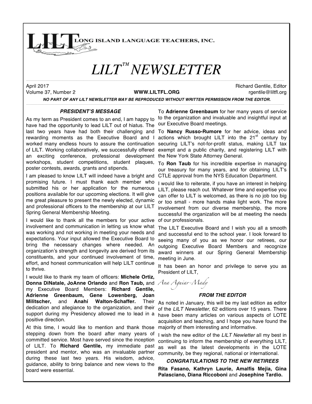 April 2017 Richard Gentile, Editor Volume 37, Number 2 Rgentile@Liltfl.Org