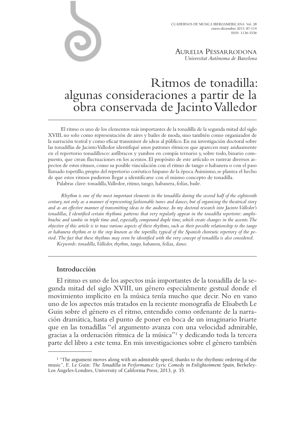 Ritmos De Tonadilla: Algunas Consideraciones a Partir De La Obra Conservada De Jacinto Valledor