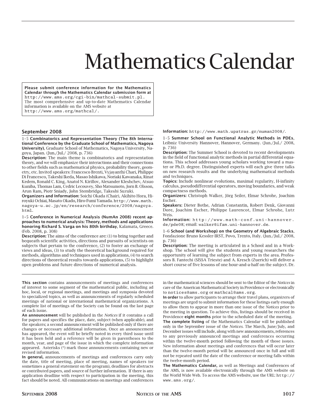 Mathematics Calendar