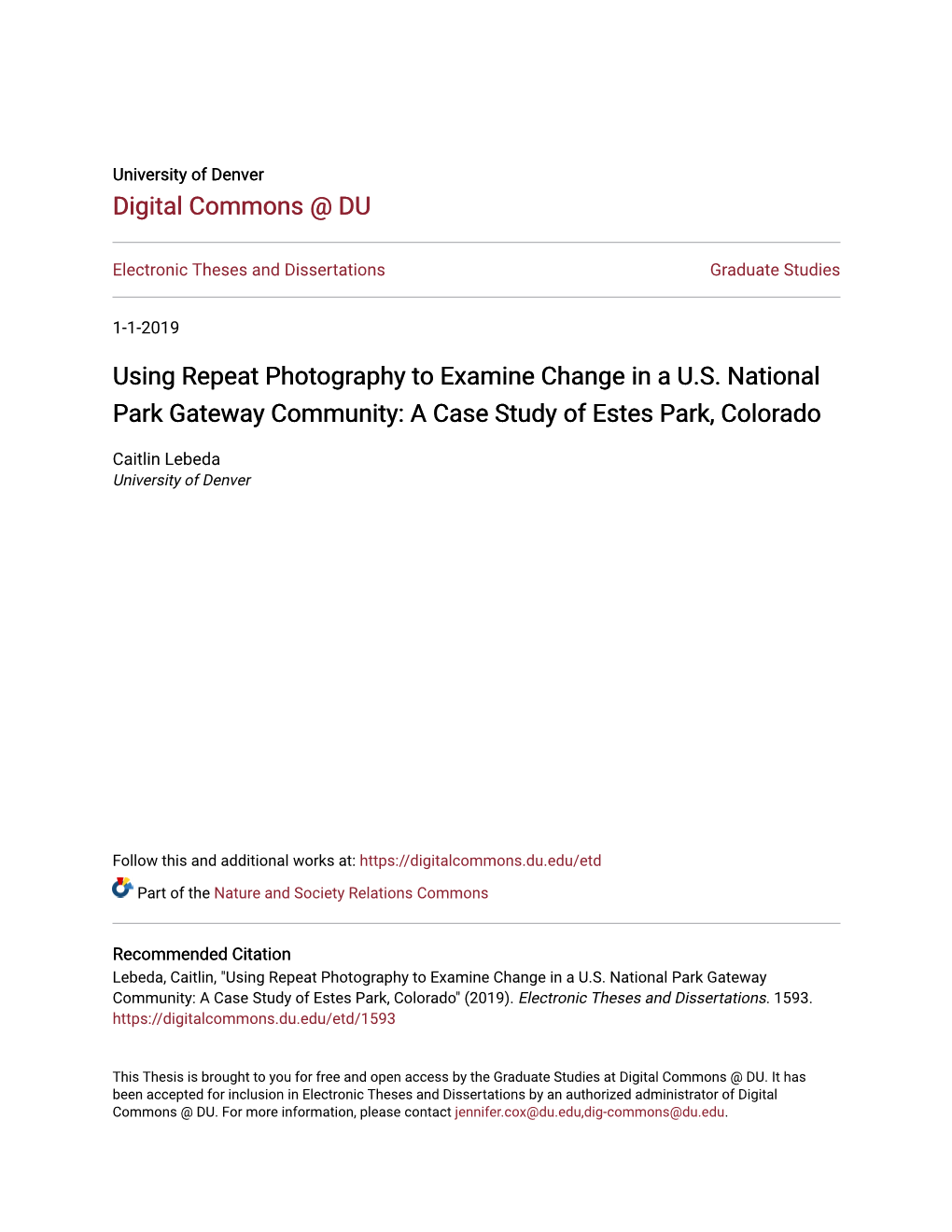 Using Repeat Photography to Examine Change in a U.S. National Park Gateway Community: a Case Study of Estes Park, Colorado