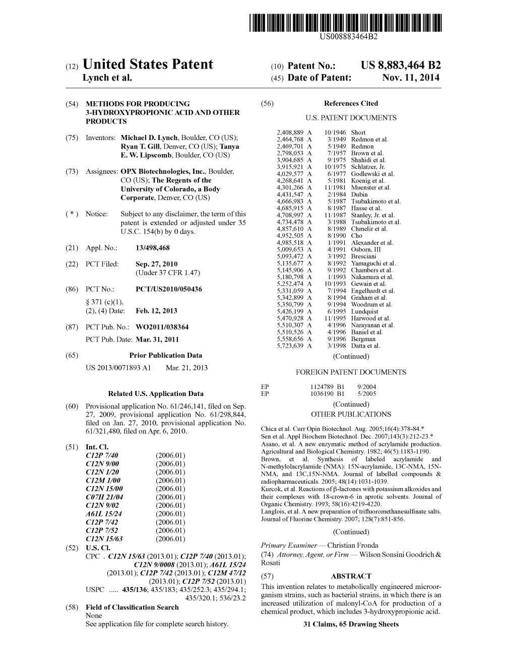 (12) United States Patent (10) Patent No.: US 8,883,464 B2 Lynch Et Al