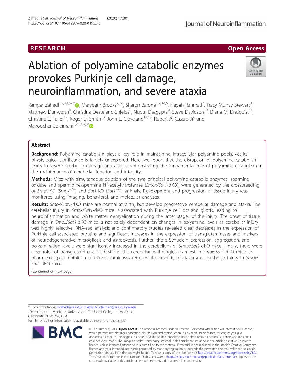 Ablation of Polyamine Catabolic Enzymes Provokes Purkinje Cell