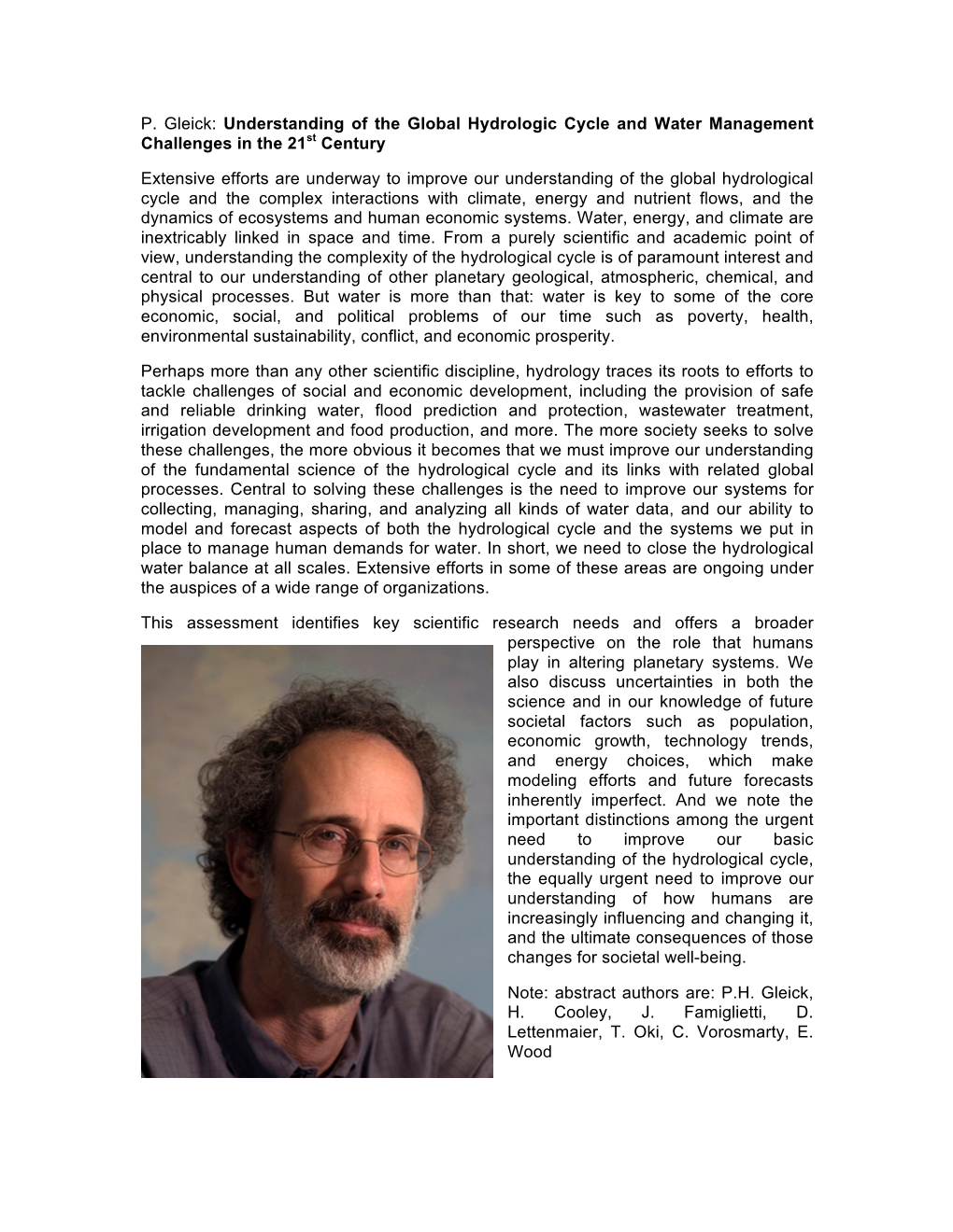 P. Gleick: Understanding of the Global Hydrologic Cycle and Water Management Challenges in the 21St Century