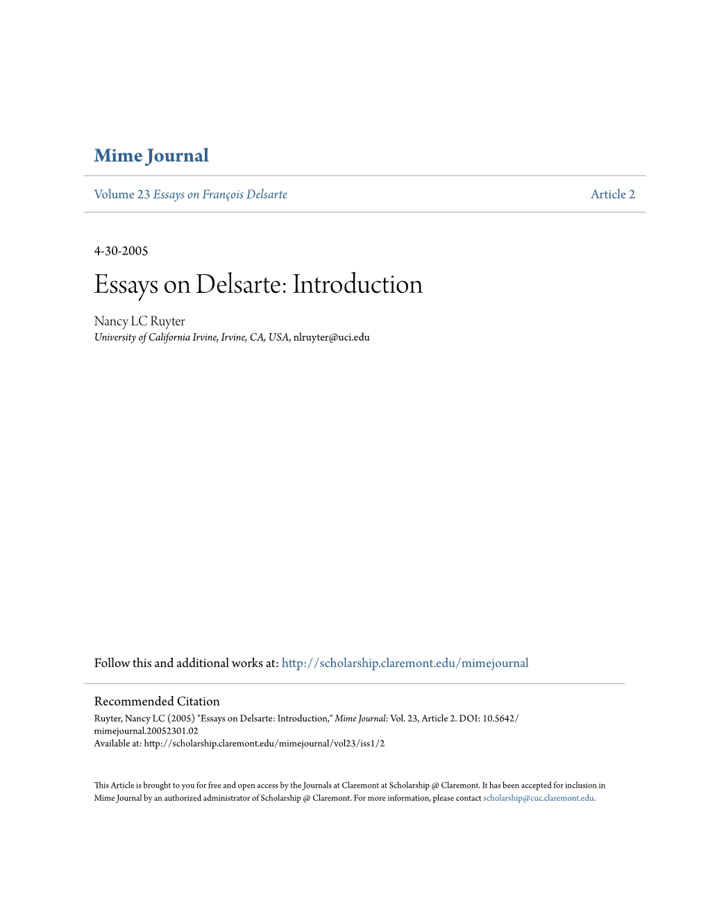 Essays on Delsarte: Introduction Nancy LC Ruyter University of California Irvine, Irvine, CA, USA, Nlruyter@Uci.Edu