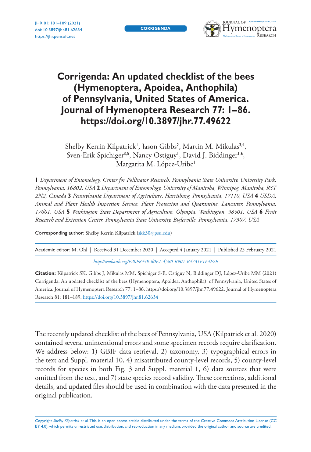 Hymenoptera, Apoidea, Anthophila) of Pennsylvania, United States of America