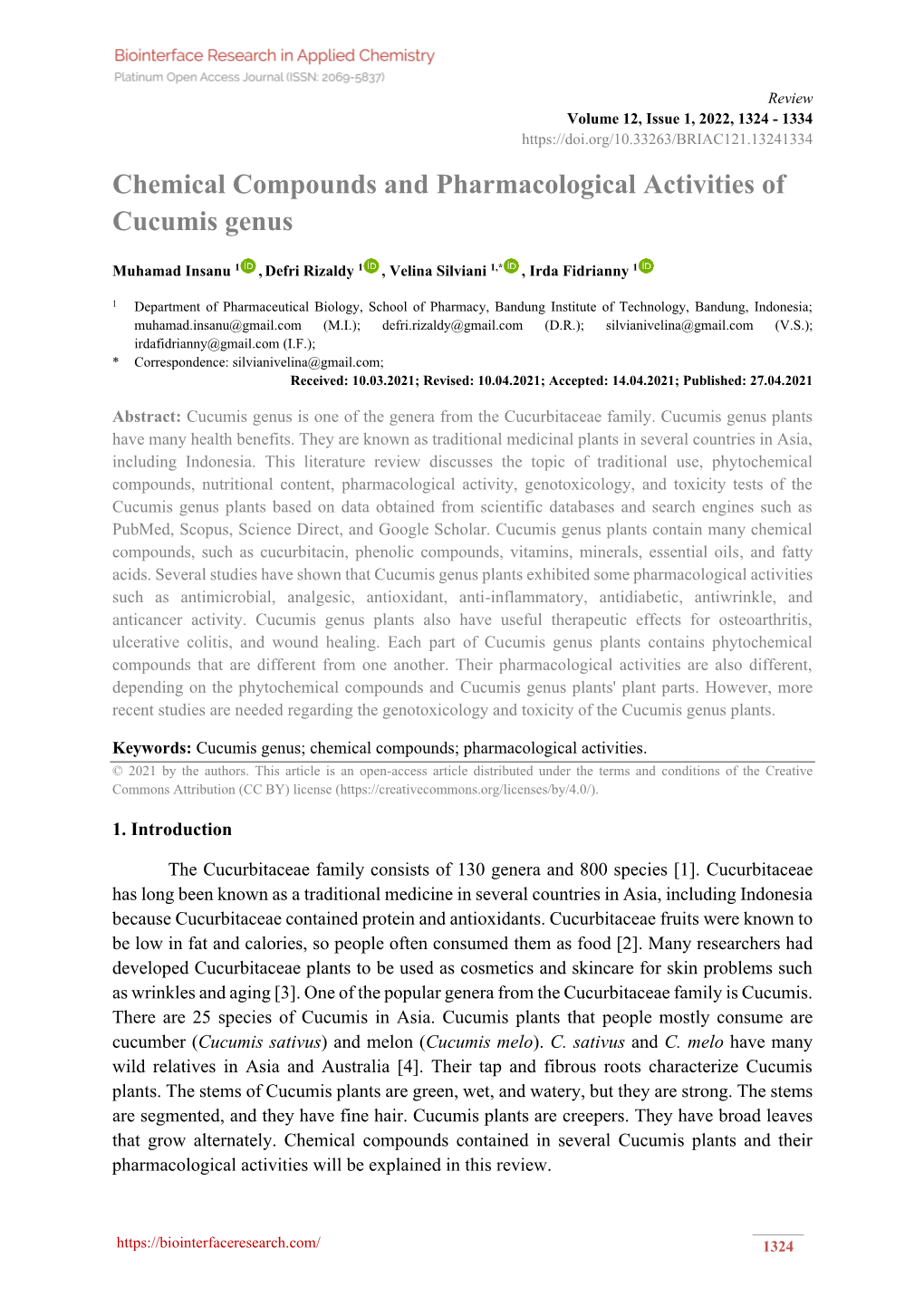 Chemical Compounds and Pharmacological Activities of Cucumis Genus