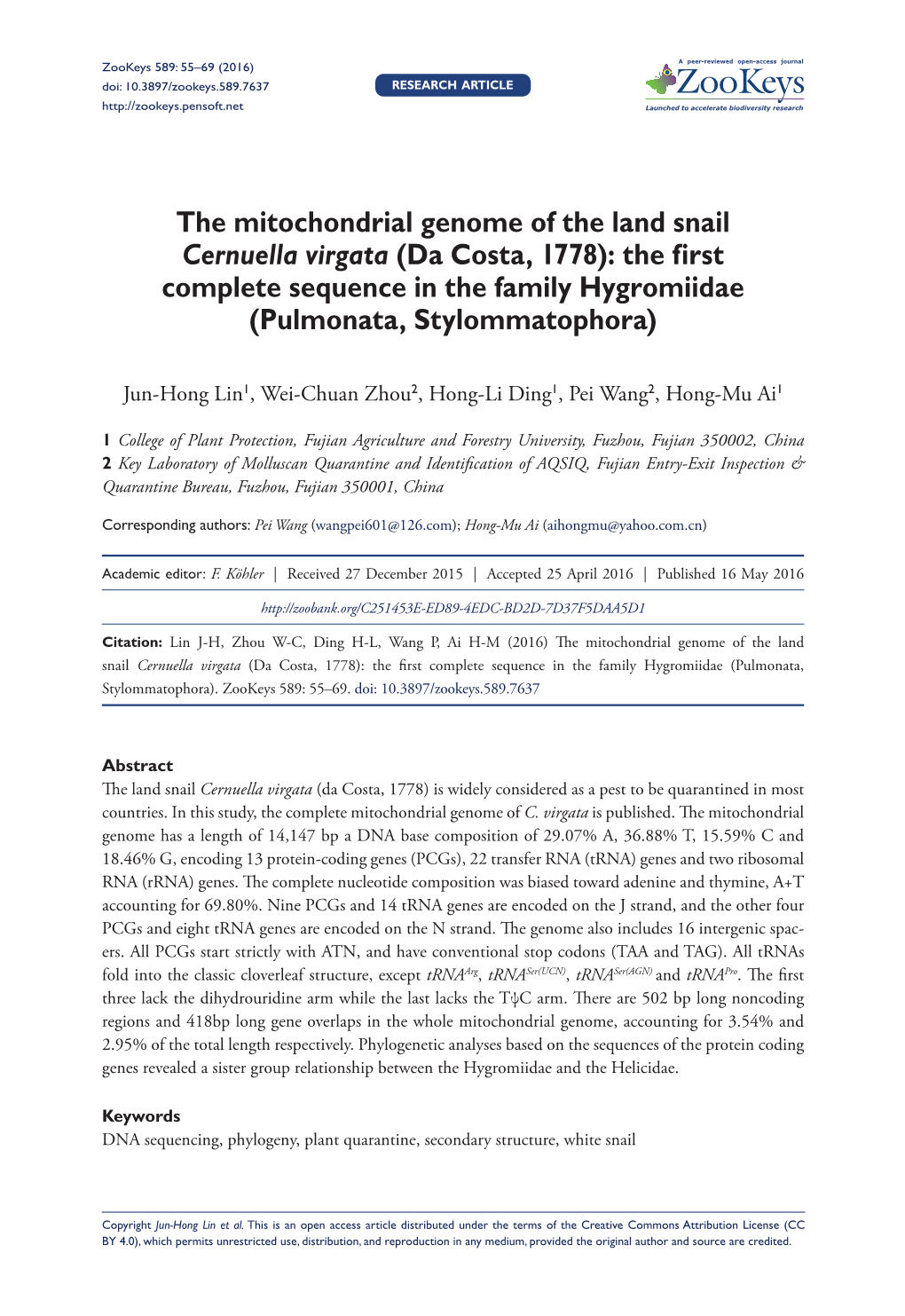 The Mitochondrial Genome of the Land Snail Cernuella Virgata (Da Costa, 1778): the First Complete Sequence in the Family Hygromiidae (Pulmonata, Stylommatophora)