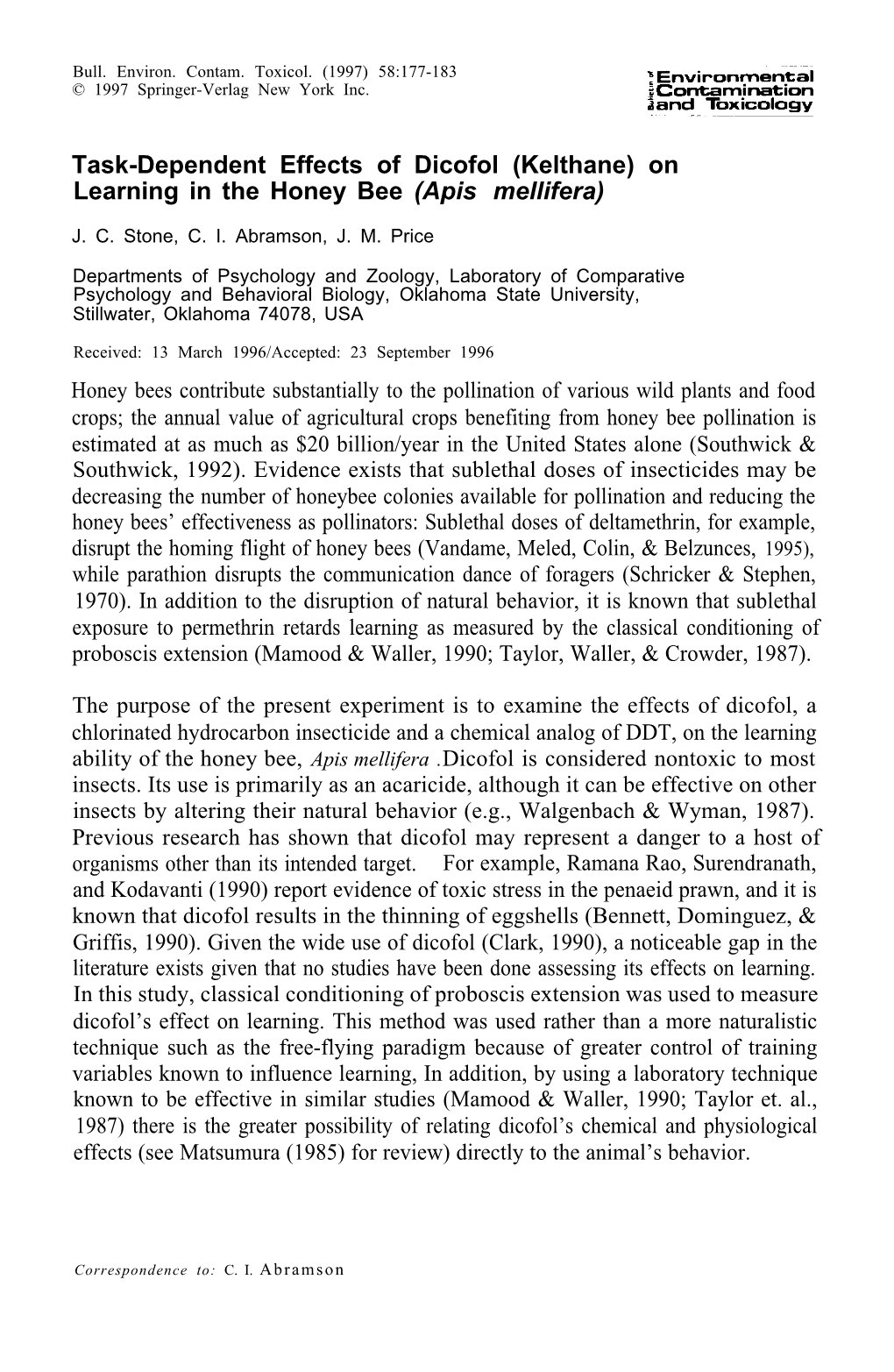 Task-Dependent Effects of Dicofol (Kelthane) on Learning in the Honey Bee (Apis Mellifera)