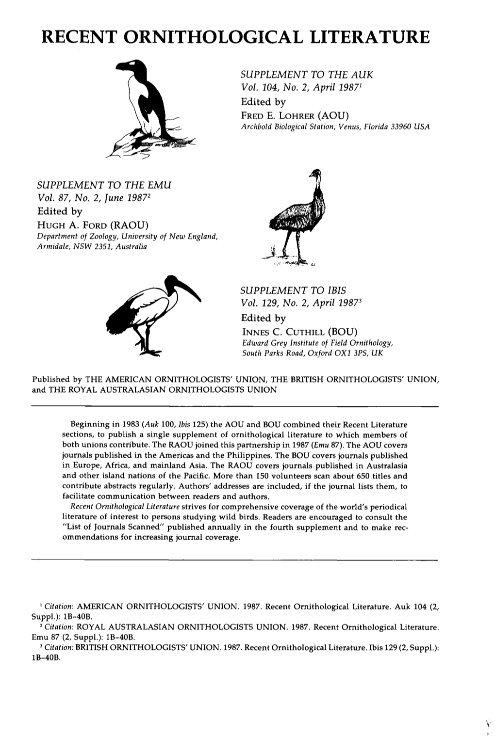 Recent Ornithological Literature