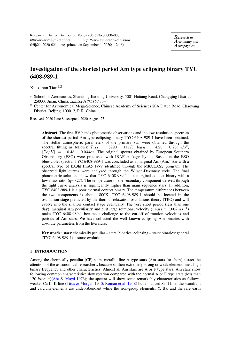 Investigation of the Shortest Period Am Type Eclipsing Binary TYC 6408-989-1