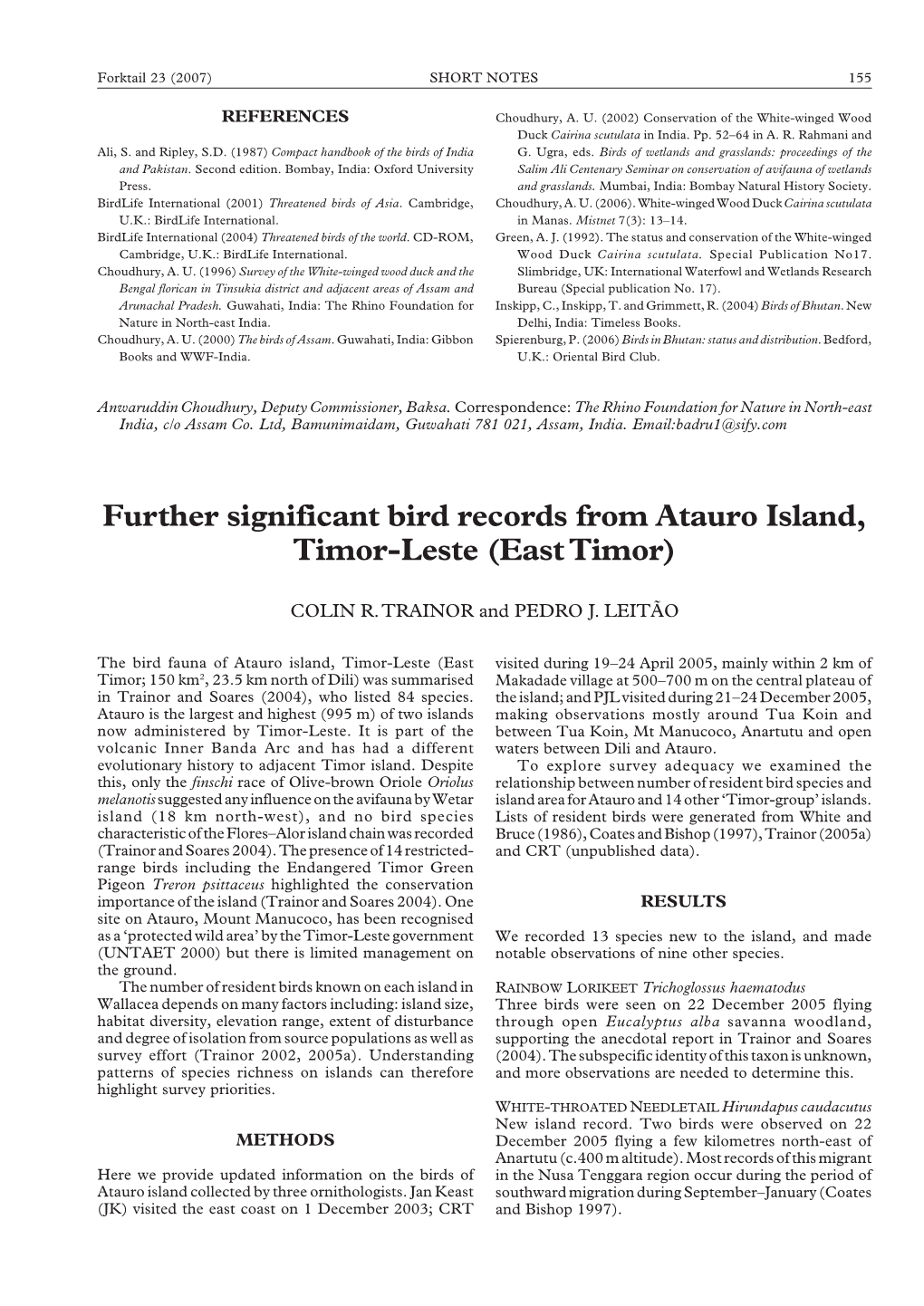 Further Significant Bird Records from Atauro Island, Timor-Leste (East Timor)