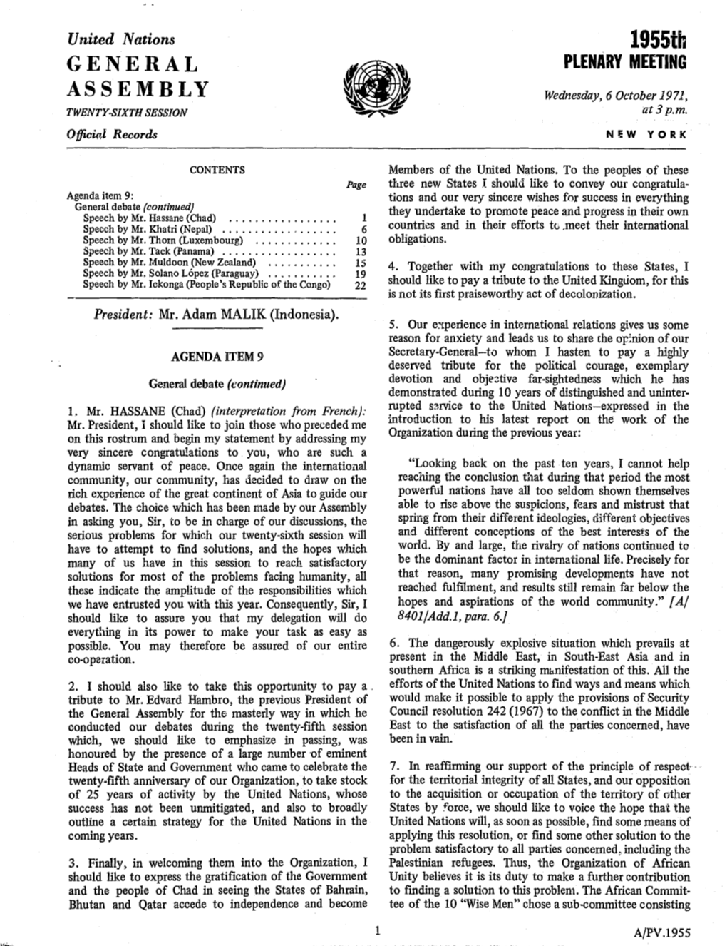 1955Th 11 ! I 1\ GENERAL PLENARY MEETING I F I{ ! R Il ASSEMBLY Wednesday, 6 October 1971, II TWENTY·SIXTH SESSION at 3 P.M