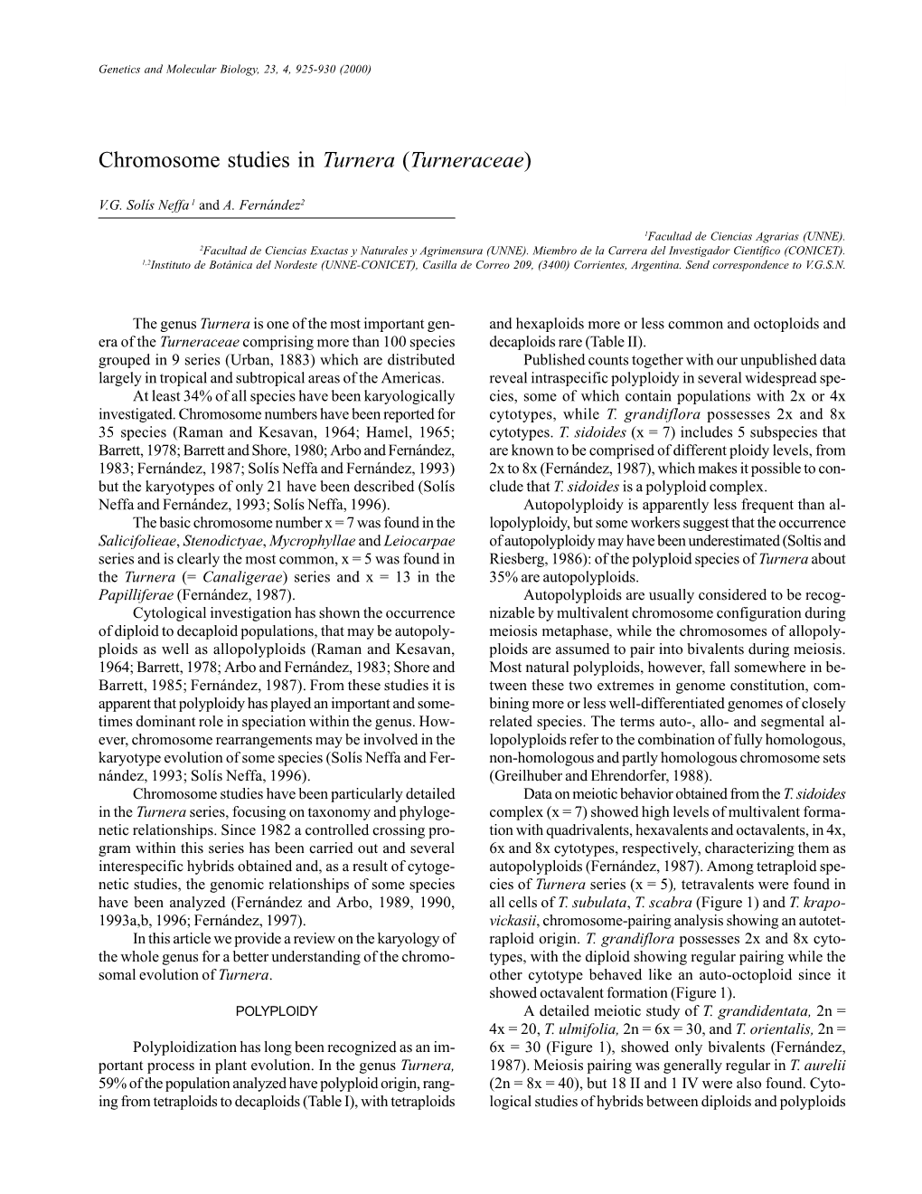 Chromosome Studies in Turnera (Turneraceae)