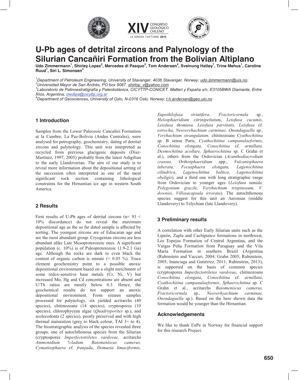 U-Pb Ages of Detrital Zircons and Palynology of the Silurian Cancañiri