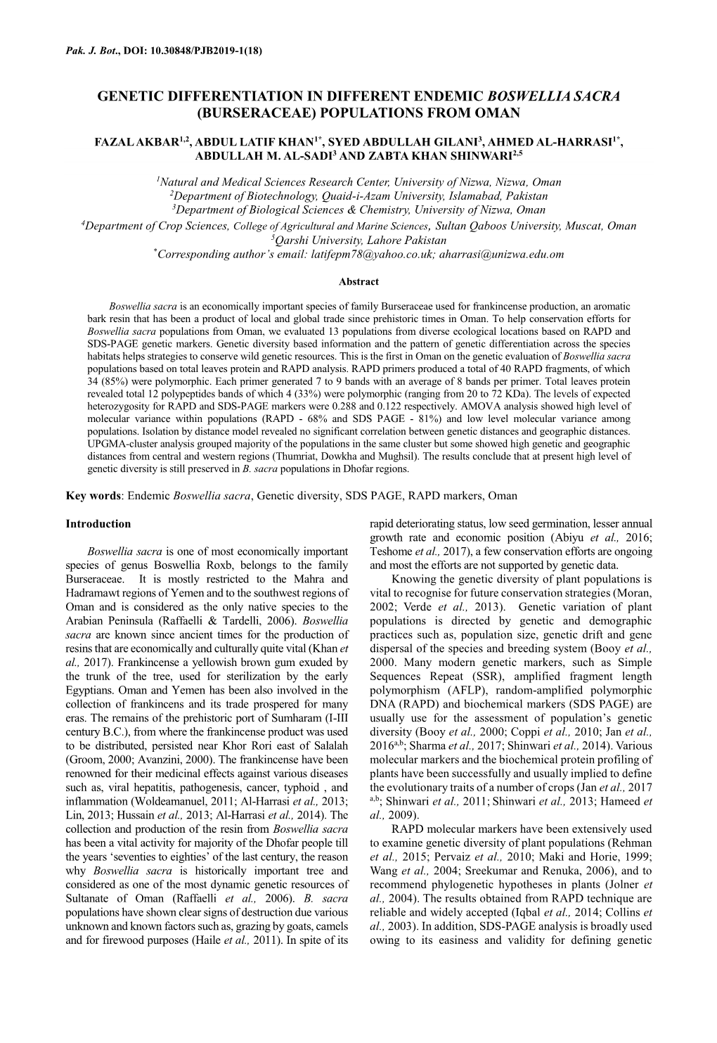 Genetic Differentiation in Different Endemic Boswellia Sacra (Burseraceae) Populations from Oman