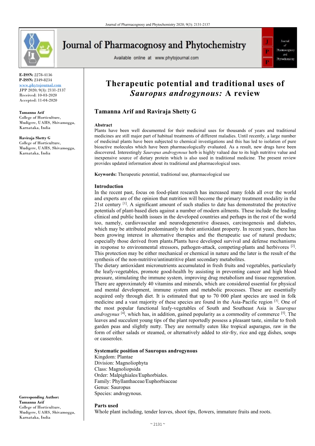 Therapeutic Potential and Traditional Uses of Sauropus Androgynous: A