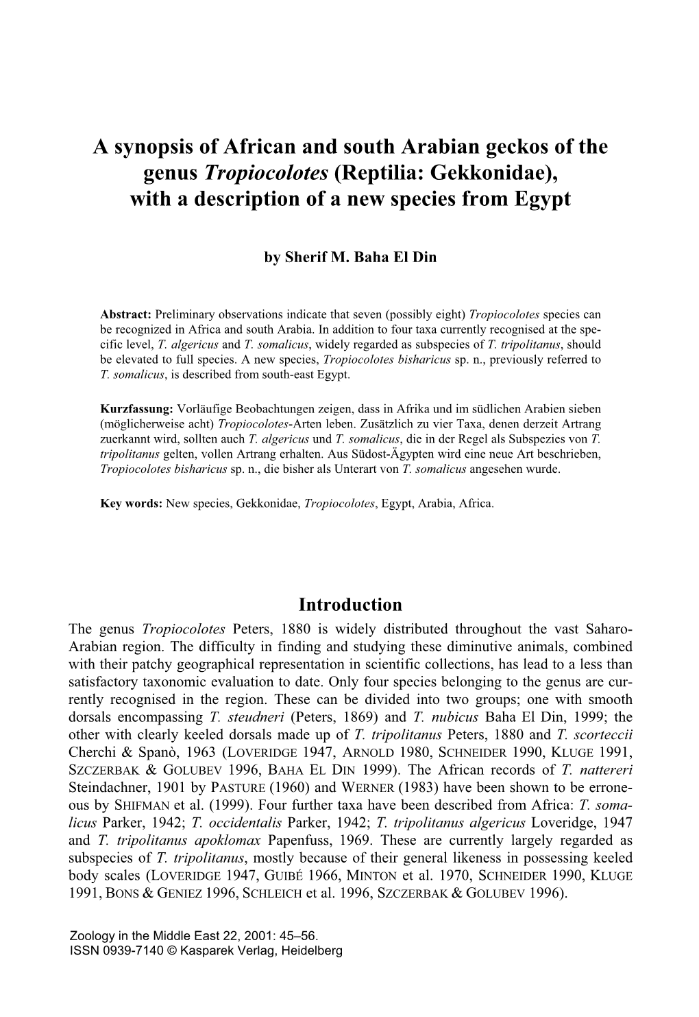 A Synopsis of African and South Arabian Geckos of the Genus Tropiocolotes (Reptilia: Gekkonidae), with a Description of a New Species from Egypt