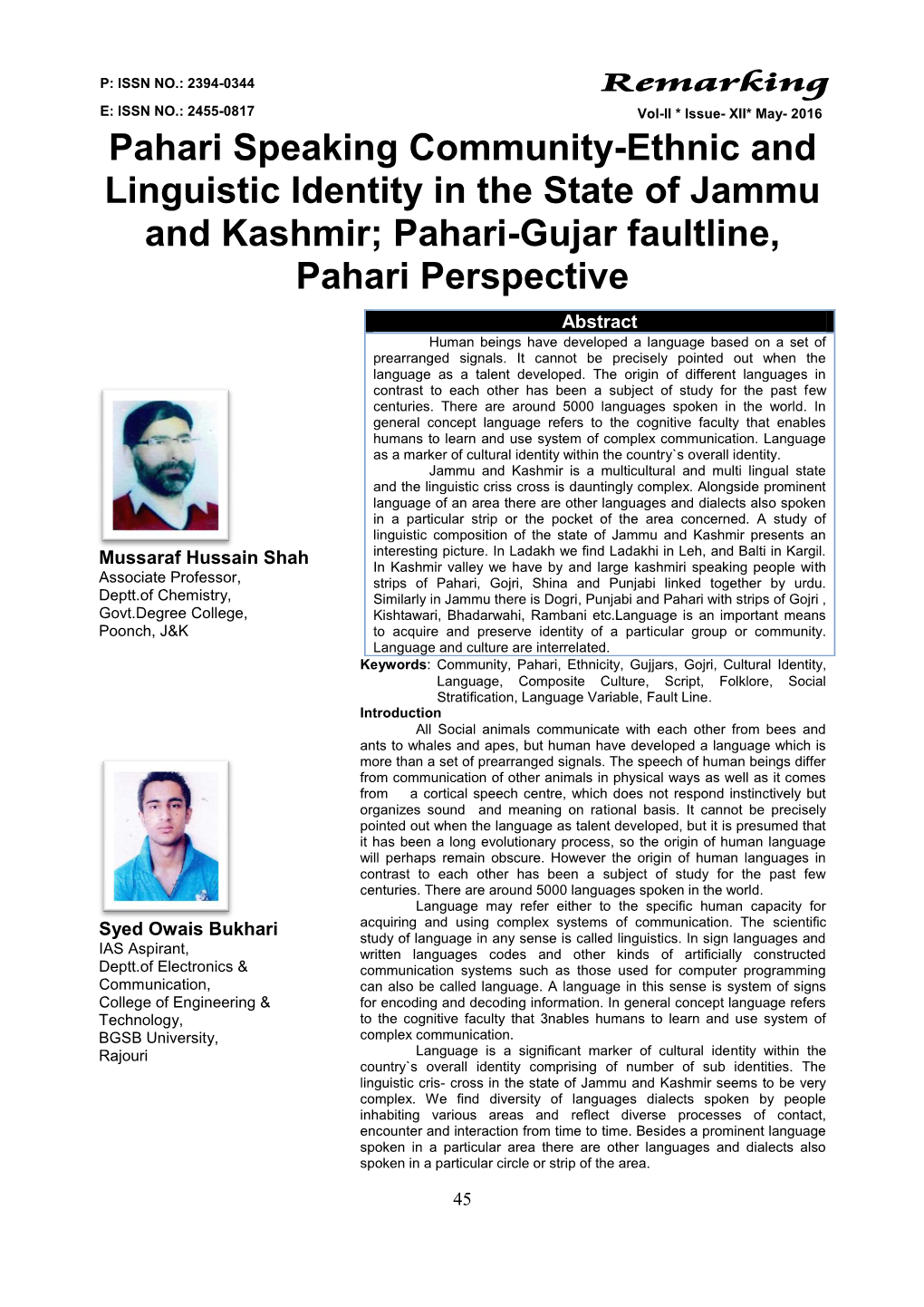 Pahari-Gujar Faultline, Pahari Perspective Abstract Human Beings Have Developed a Language Based on a Set of Prearranged Signals