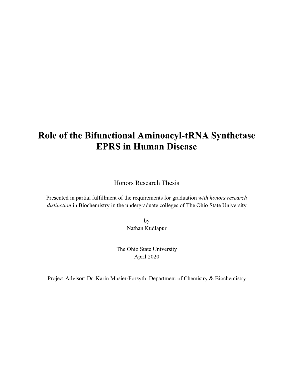 Role of the Bifunctional Aminoacyl-Trna Synthetase EPRS in Human Disease