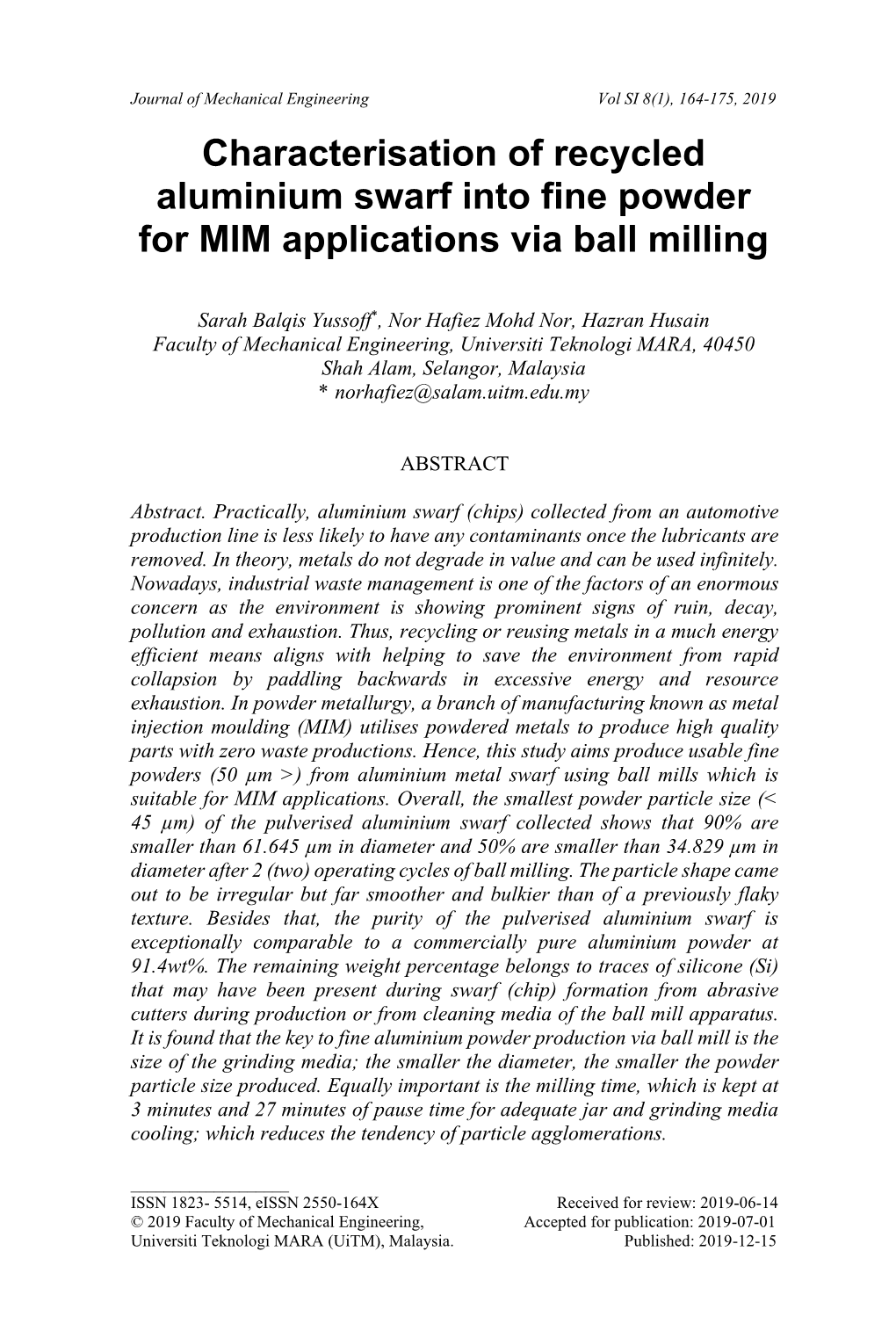 Characterisation of Recycled Aluminium Swarf Into Fine Powder for MIM Applications Via Ball Milling