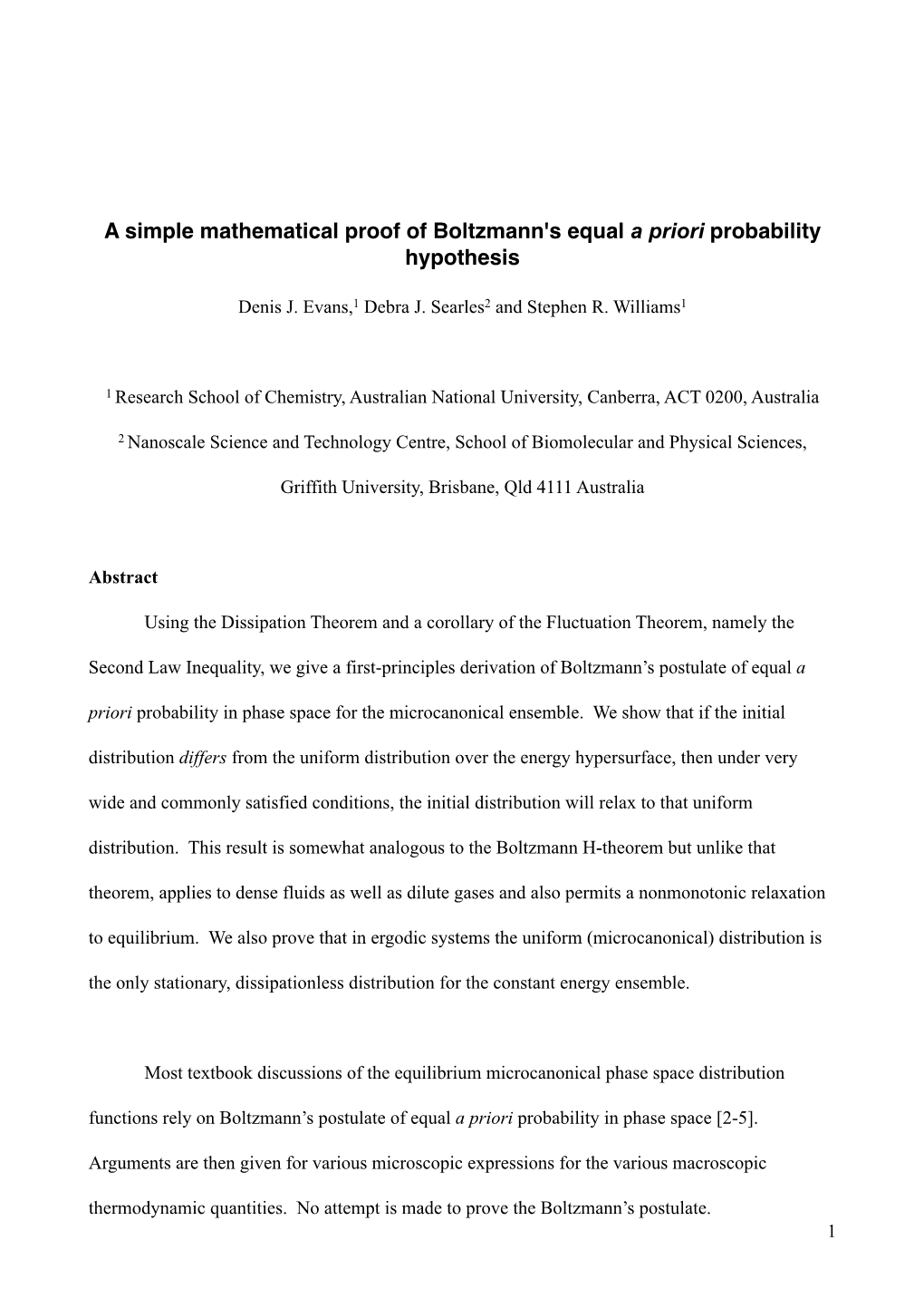 A Simple Mathematical Proof of Boltzmann's Equal a Priori Probability Hypothesis