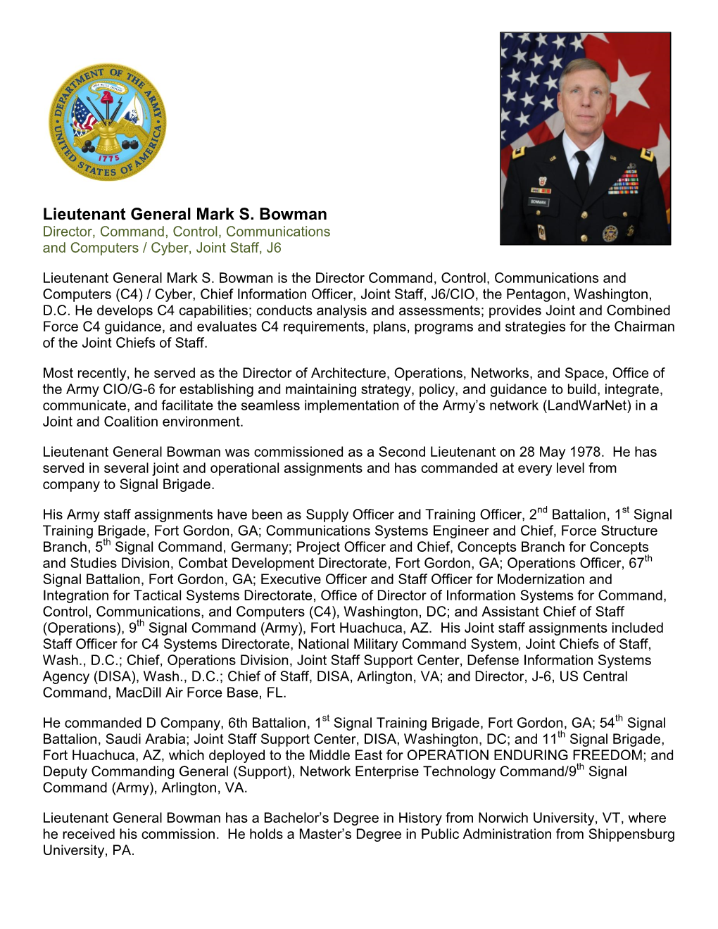 Lieutenant General Mark S. Bowman Director, Command, Control ...