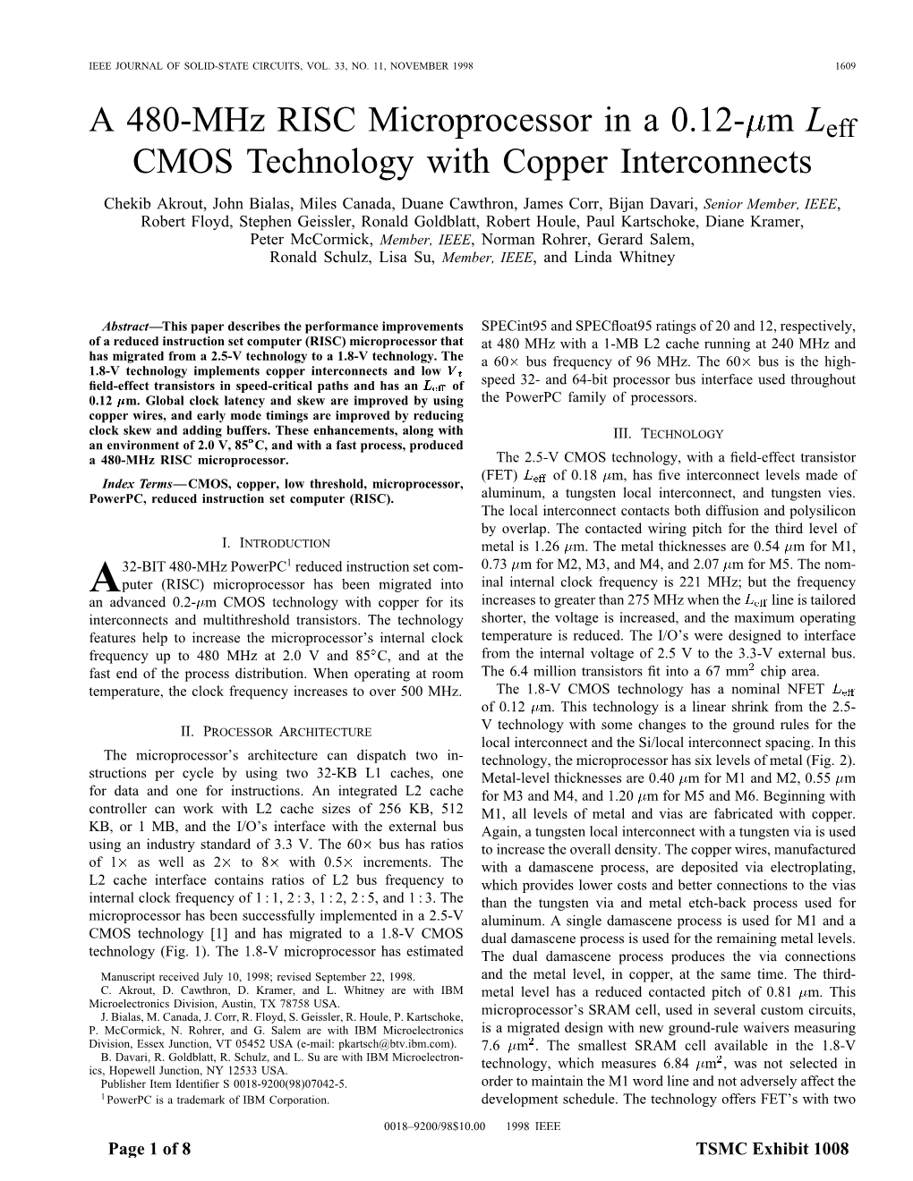 A 480-Mhz RISC Microprocessor in a 0.12- M Leff CMOS Technology with Copper Interconnects