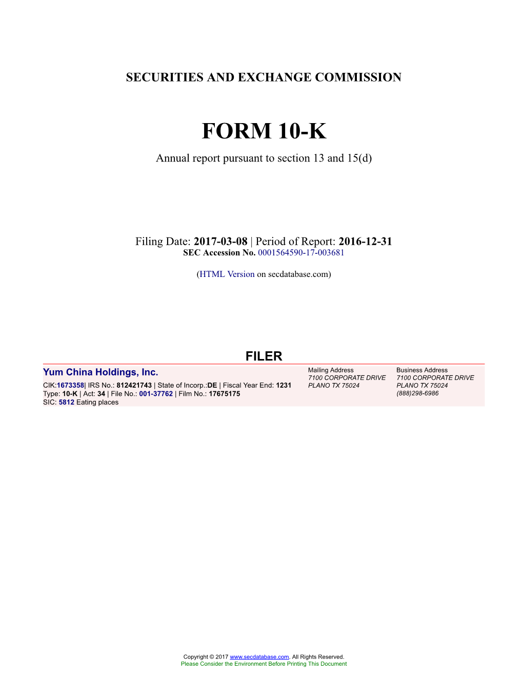 Yum China Holdings, Inc. Form 10-K Annual Report Filed 2017-03-08