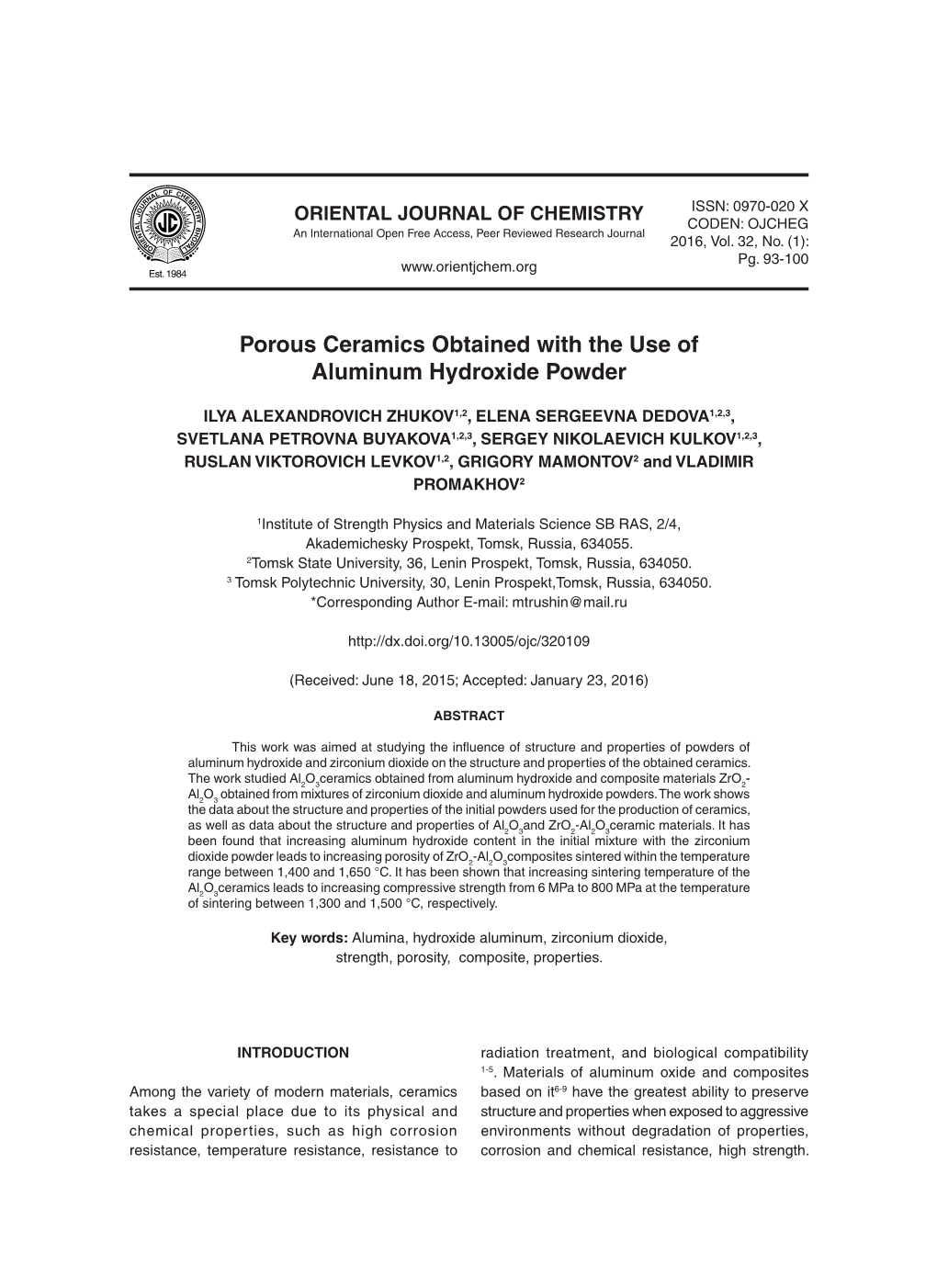 Porous Ceramics Obtained with the Use of Aluminum Hydroxide Powder