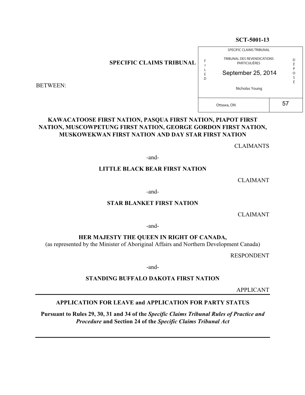 Sct-5001-13 Specific Claims Tribunal Between