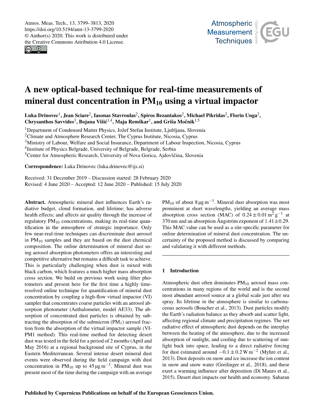 A New Optical-Based Technique for Real-Time Measurements of Mineral Dust Concentration in PM10 Using a Virtual Impactor