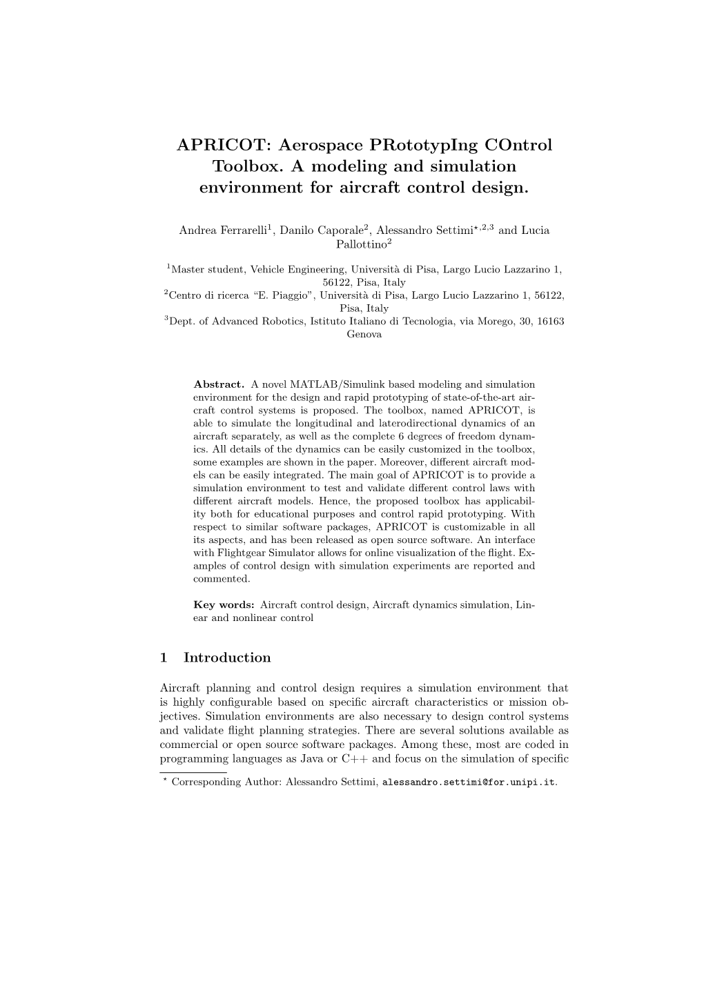 APRICOT: Aerospace Prototyping Control Toolbox. a Modeling and Simulation Environment for Aircraft Control Design