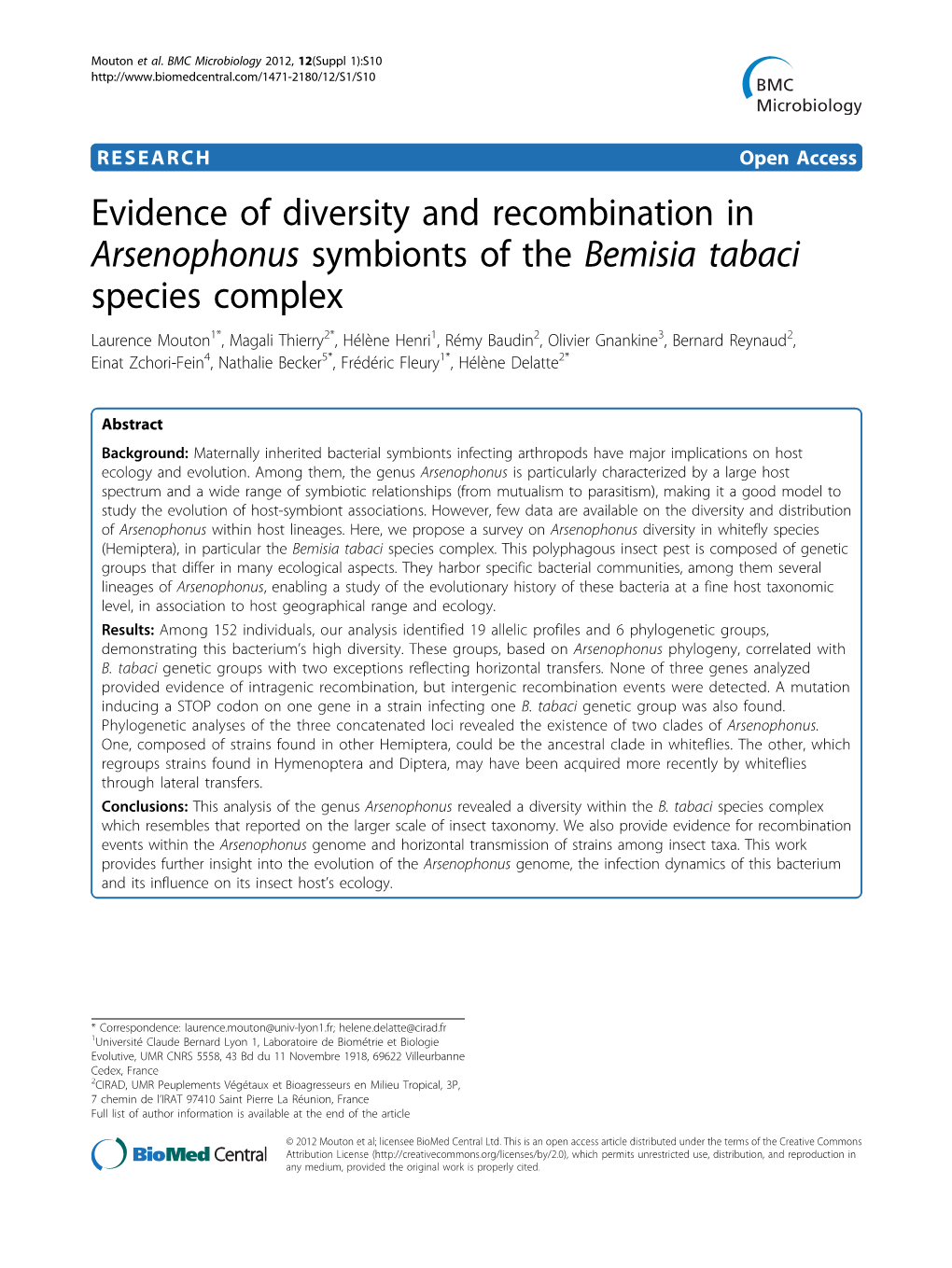 Evidence of Diversity and Recombination in Arsenophonus Symbionts of the Bemisia Tabaci Species Complex