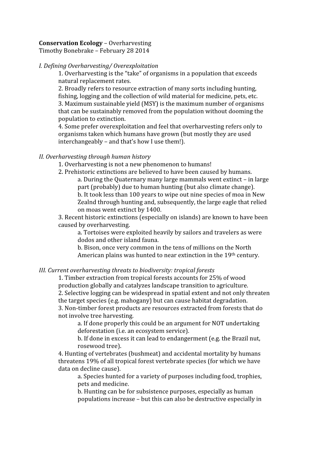 February 28 2014 I. Defining Overharvesting/ Overexploitation 1. O