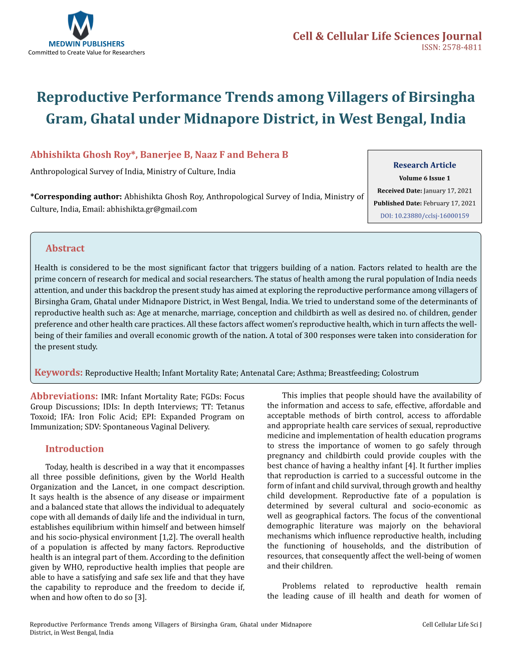 Reproductive Performance Trends Among Villagers of Birsingha Gram, Ghatal Under Midnapore District, in West Bengal, India